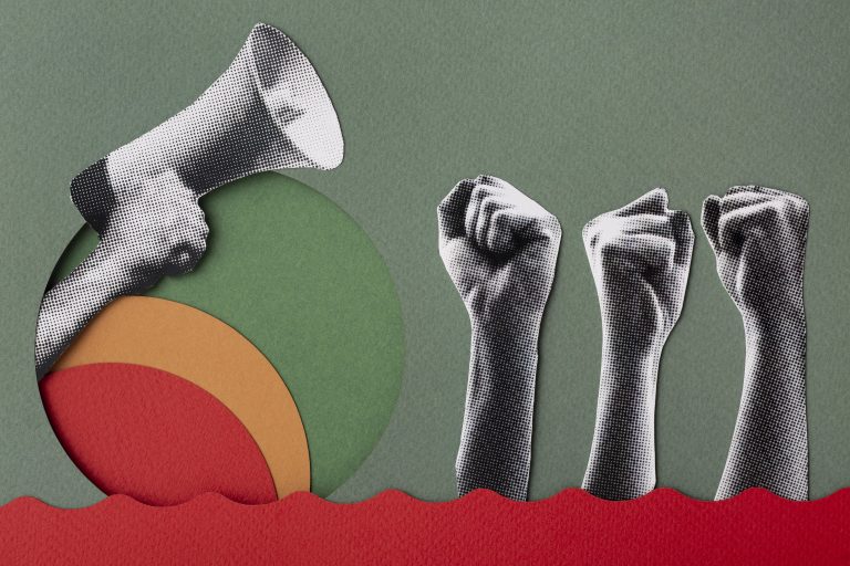 altavoz y puños levantados, activismo